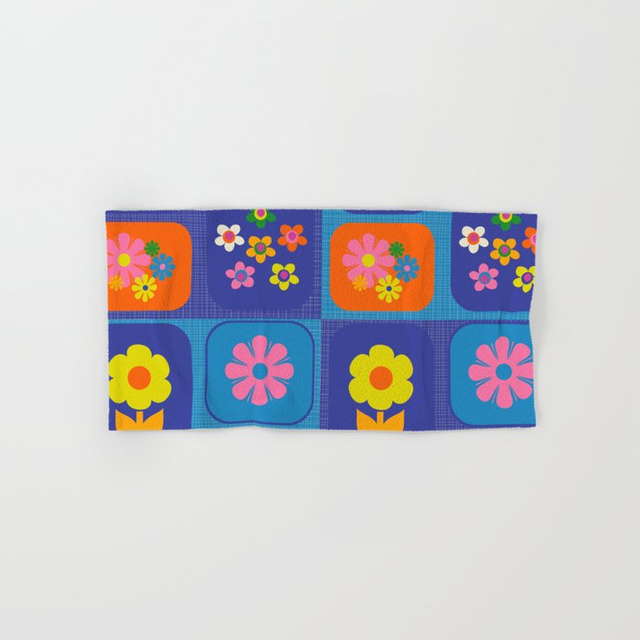 Retro Flower Patch Cute Vintage Aesthetic Floral Pattern Blue Orange Pink Bath Towel Gallery Image 1