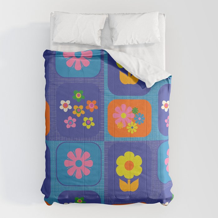 Retro Flower Patch Cute Vintage Aesthetic Floral Pattern Blue Orange Pink Comforter Gallery Image 6