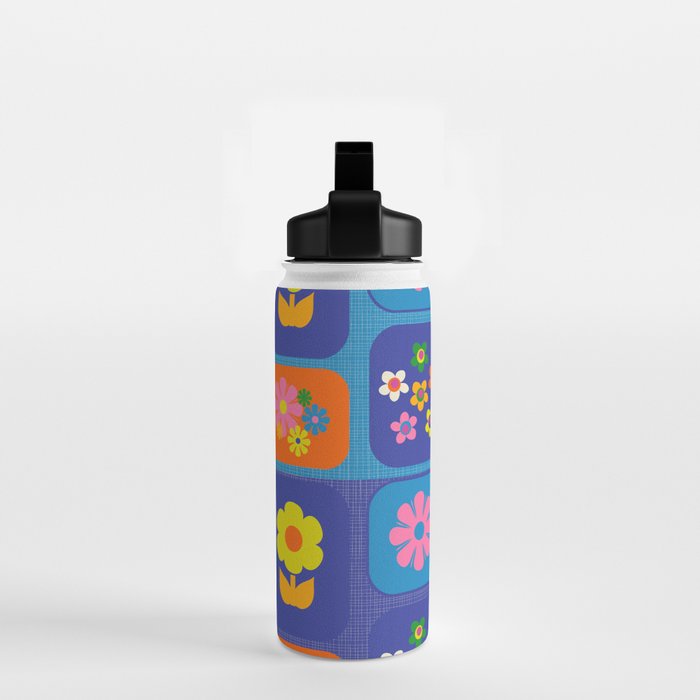 Retro Flower Patch Cute Vintage Aesthetic Floral Pattern Blue Orange Pink Water Bottle Gallery Image 2