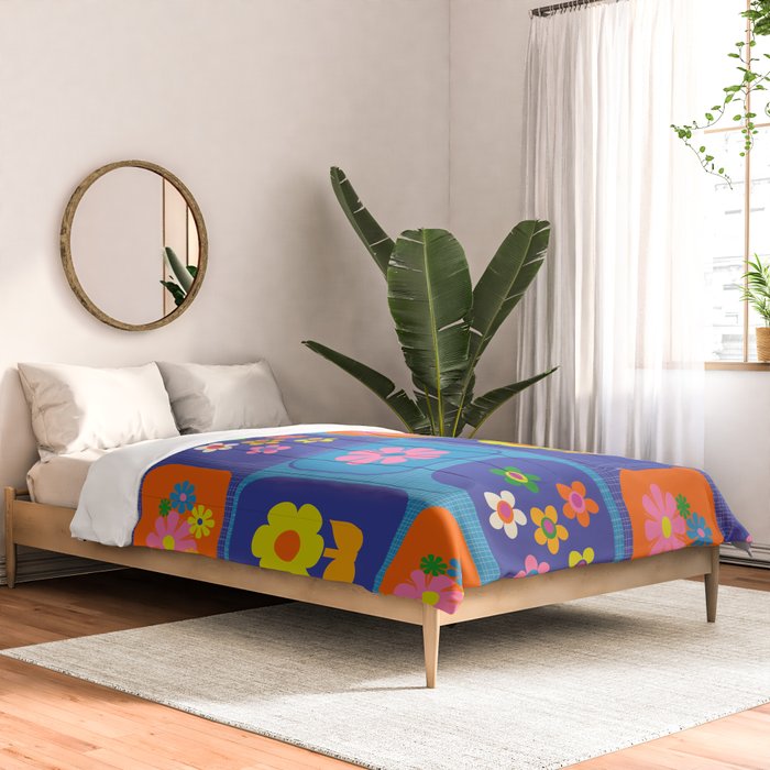 Retro Flower Patch Cute Vintage Aesthetic Floral Pattern Blue Orange Pink Comforter Gallery Image 2