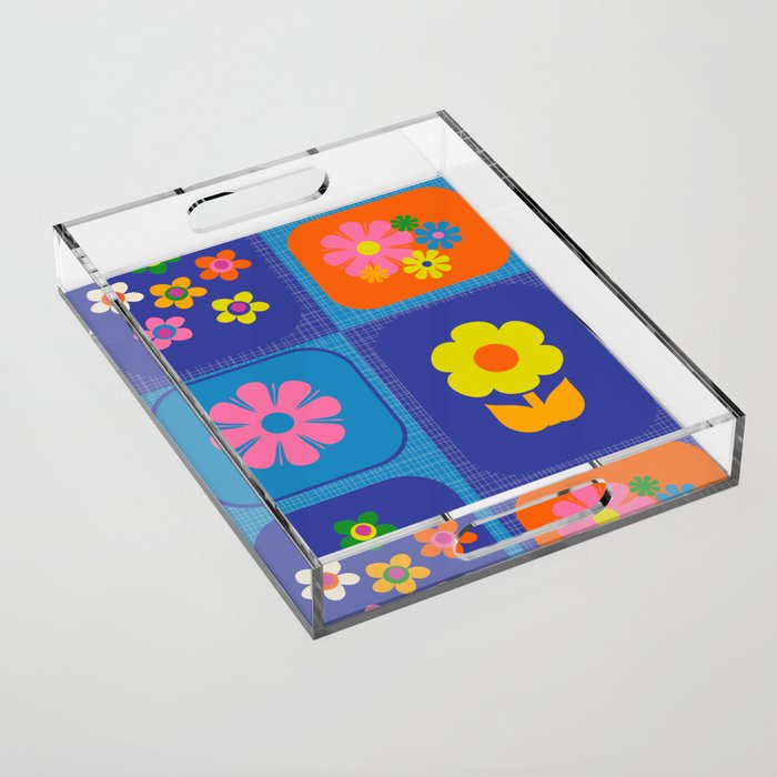Retro Flower Patch Cute Vintage Aesthetic Floral Pattern Blue Orange Pink Acrylic Tray Gallery Image 1