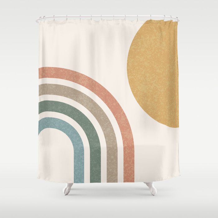 Mid Century Colorful Sun and Rainbow Shower Curtain Gallery Image 1