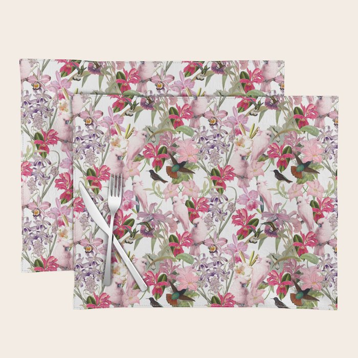 Vintage & Shabby Chic Pink Cockatoo Tropical Flower Jungle Placemat Gallery Image 1