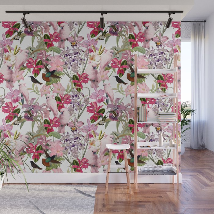 Vintage & Shabby Chic Pink Cockatoo Tropical Flower Jungle Wall Mural Gallery Image 1