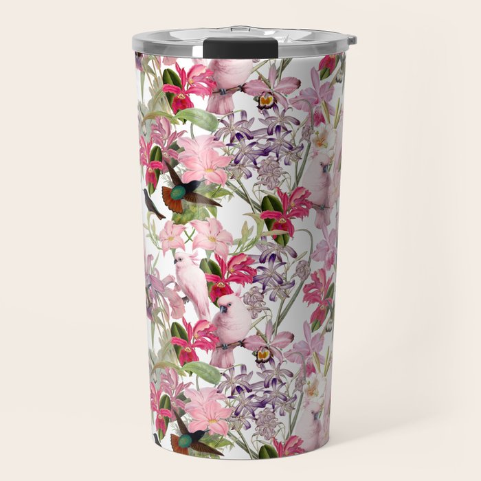 Vintage & Shabby Chic Pink Cockatoo Tropical Flower Jungle Travel Mug Gallery Image 1