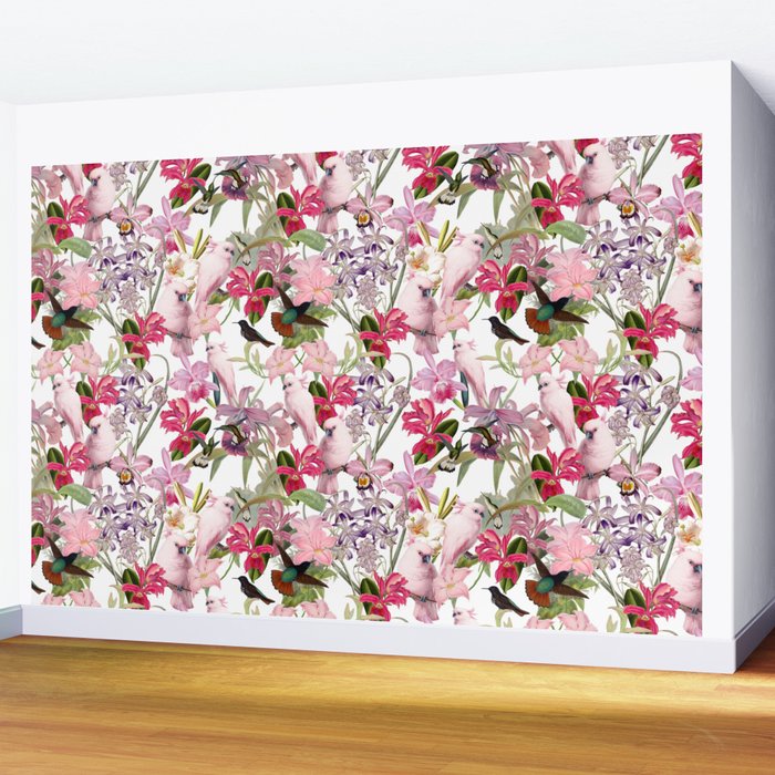 Vintage & Shabby Chic Pink Cockatoo Tropical Flower Jungle Wall Mural Gallery Image 2