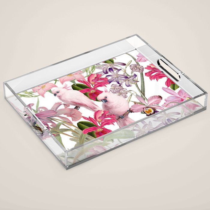 Vintage & Shabby Chic Pink Cockatoo Tropical Flower Jungle Acrylic Tray Gallery Image 1