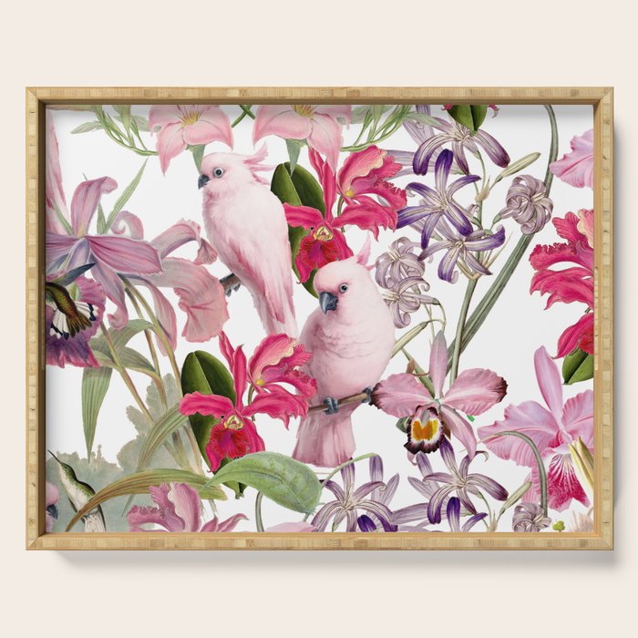 Vintage & Shabby Chic Pink Cockatoo Tropical Flower Jungle Serving Tray Gallery Image 1