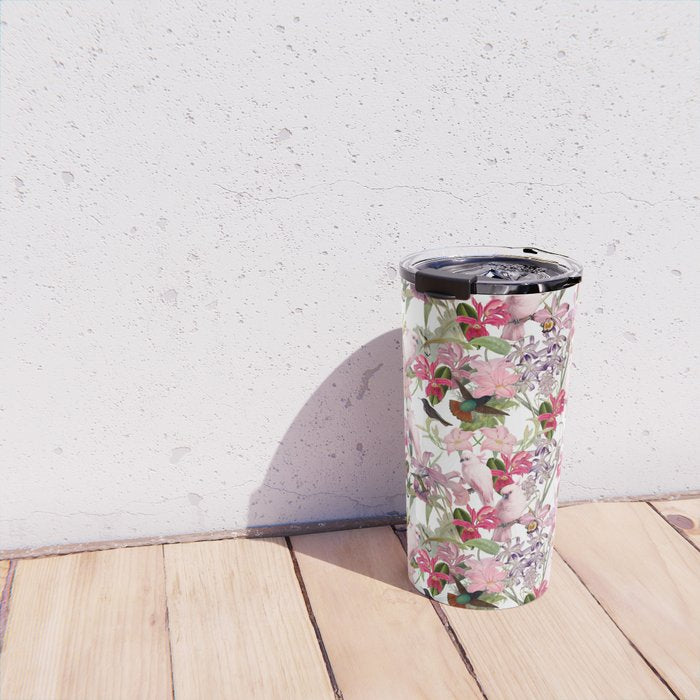 Vintage & Shabby Chic Pink Cockatoo Tropical Flower Jungle Travel Mug Gallery Image 4