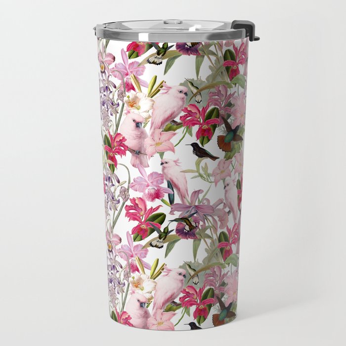 Vintage & Shabby Chic Pink Cockatoo Tropical Flower Jungle Travel Mug Gallery Image 2