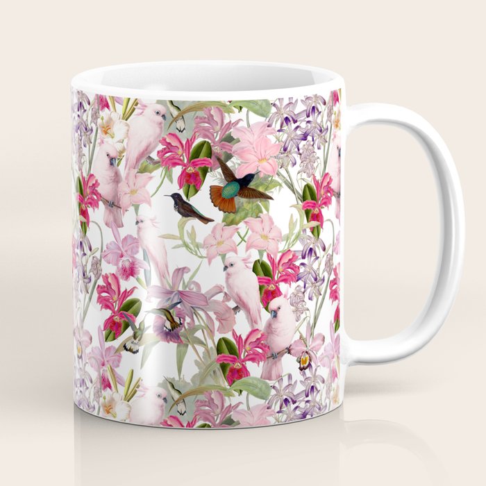 Vintage & Shabby Chic Pink Cockatoo Tropical Flower Jungle Coffee Mug Gallery Image 1