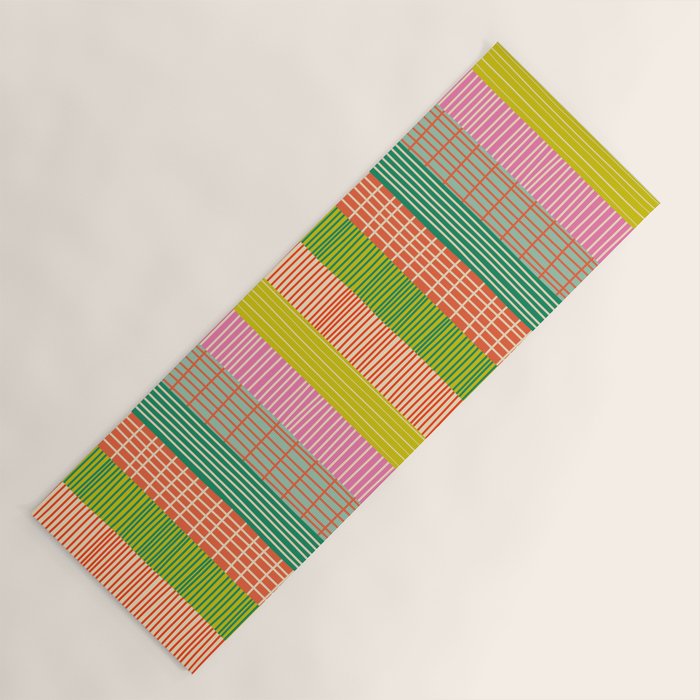 Finnish Patchwork Stripes Pattern Orange Green Pink Chartreuse Yoga Mat Gallery Image 1