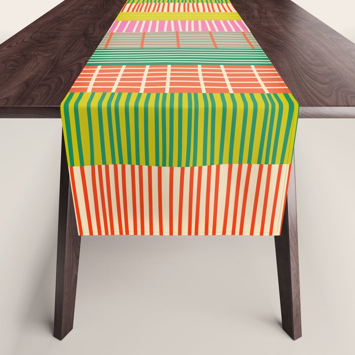 Finnish Patchwork Stripes Pattern Orange Green Pink Chartreuse Table Runner Gallery Image 1