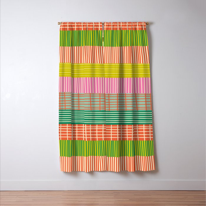Finnish Patchwork Stripes Pattern Orange Green Pink Chartreuse Window Curtain Gallery Image 3