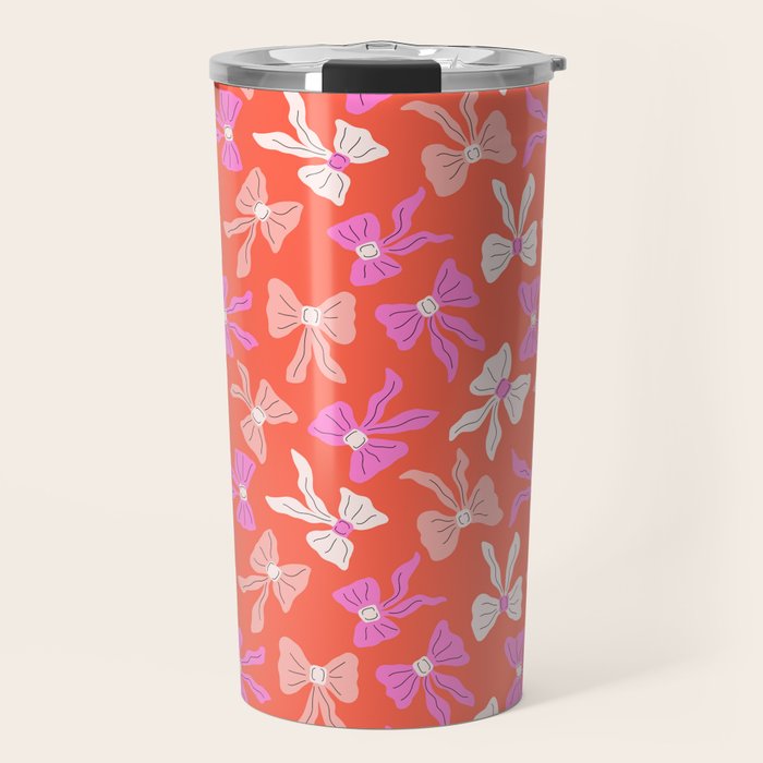 Playful Scattered Coquette Bows Vibrant Pink White Peach and Red Travel Mug Gallery Image 1