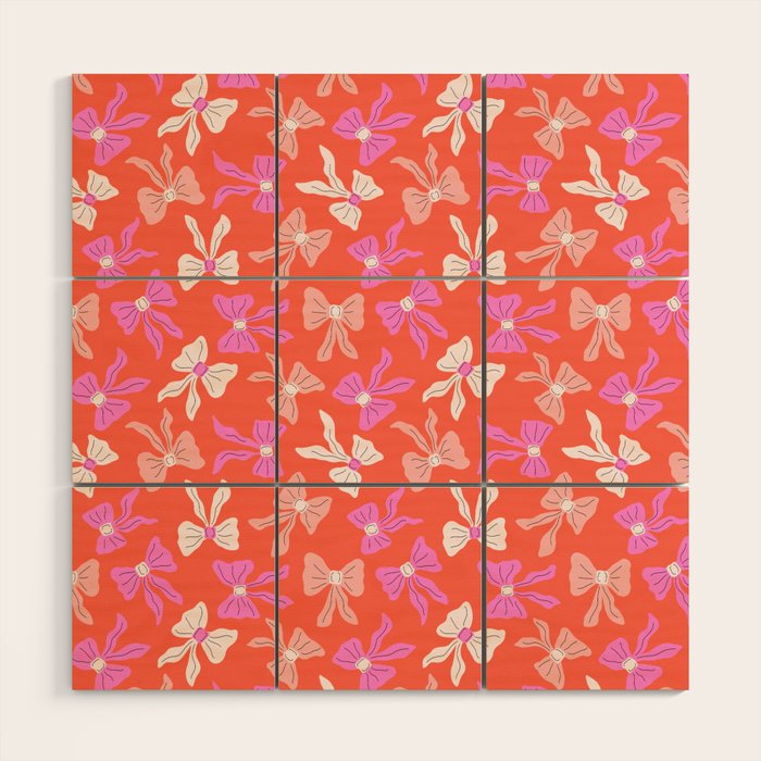 Playful Scattered Coquette Bows Vibrant Pink White Peach and Red Wood Wall Art Gallery Image 1