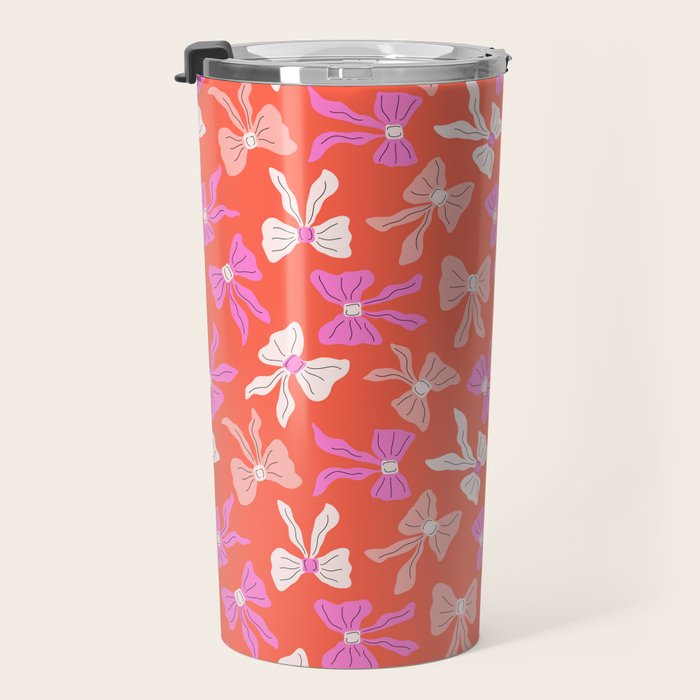 Playful Scattered Coquette Bows Vibrant Pink White Peach and Red Travel Mug Gallery Image 3