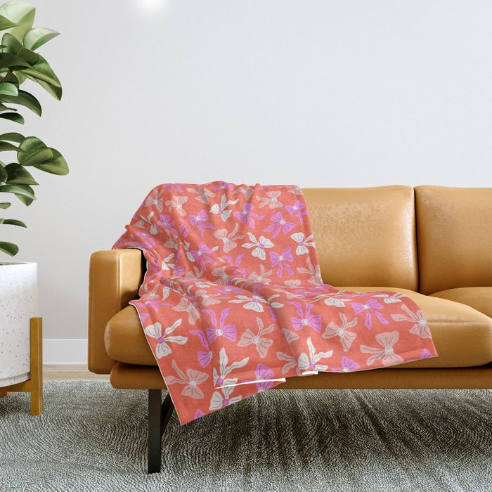 Playful Scattered Coquette Bows Vibrant Pink White Peach and Red Throw Blanket Gallery Image 1