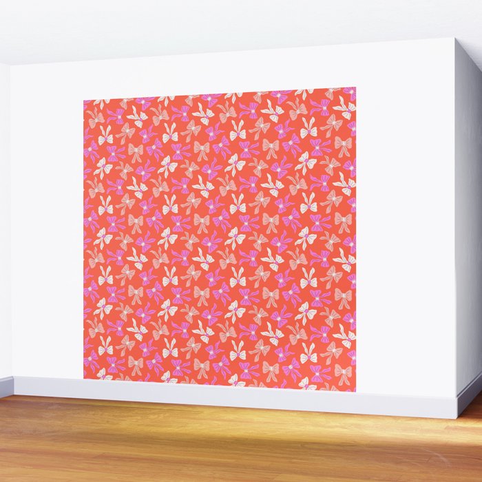 Playful Scattered Coquette Bows Vibrant Pink White Peach and Red Wall Mural Gallery Image 2
