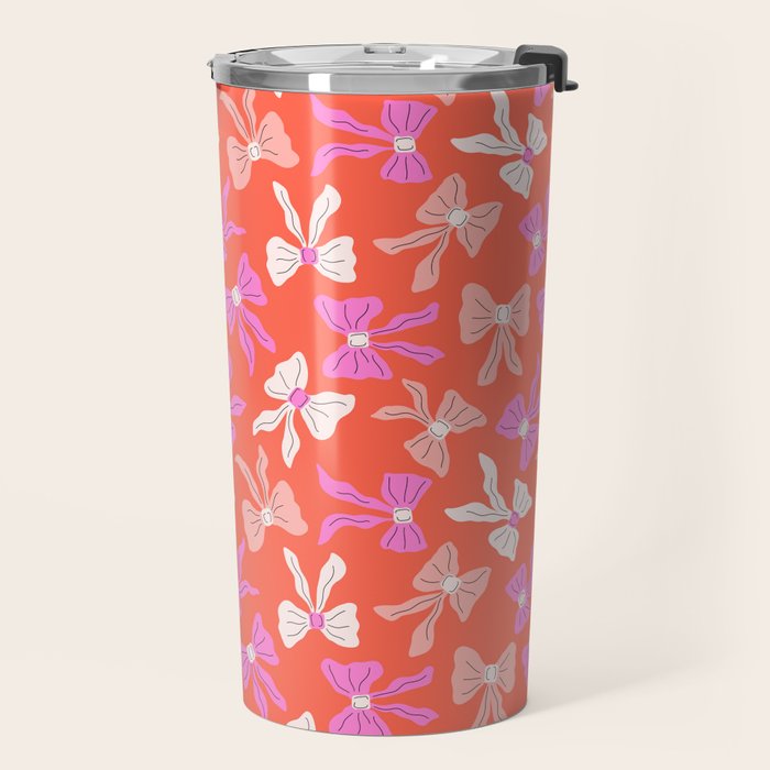 Playful Scattered Coquette Bows Vibrant Pink White Peach and Red Travel Mug Gallery Image 2