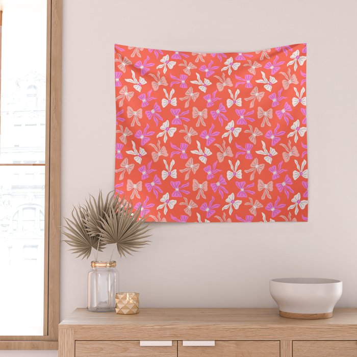 Playful Scattered Coquette Bows Vibrant Pink White Peach and Red Wall Tapestry Gallery Image 2