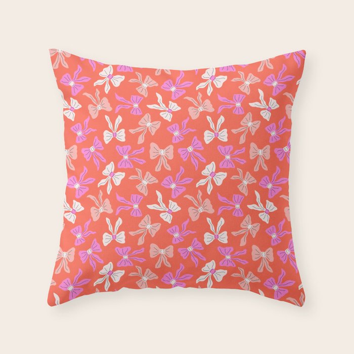 Playful Scattered Coquette Bows Vibrant Pink White Peach and Red Throw Pillow Gallery Image 6