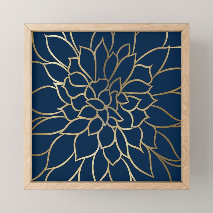 Floral Prints, Line Art, Navy Blue and Gold Mini Art Print Gallery Image 1