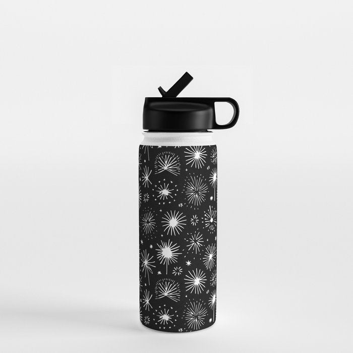 Black and white firework doodle pattern Water Bottle Gallery Image 1