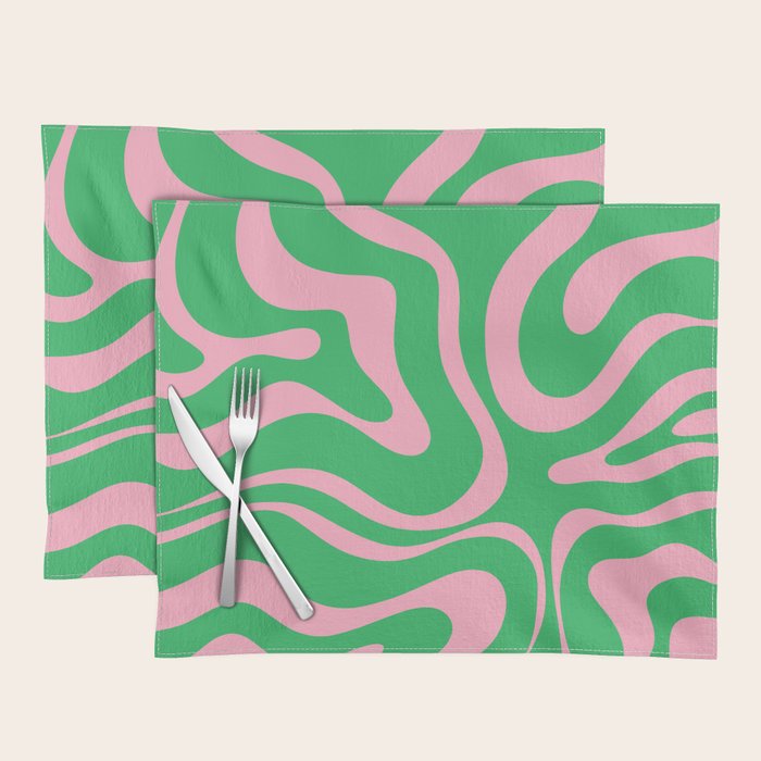 Pink and Spring Green Modern Liquid Swirl Abstract Pattern Placemat Gallery Image 1