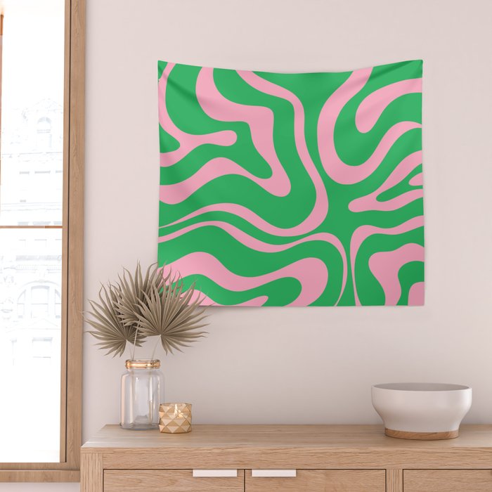 Pink and Spring Green Modern Liquid Swirl Abstract Pattern Wall Tapestry Gallery Image 2