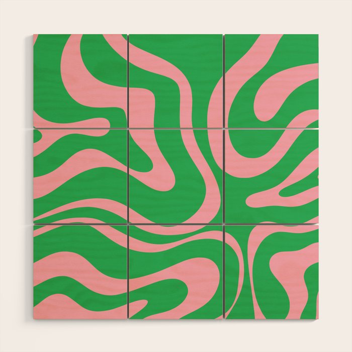 Pink and Spring Green Modern Liquid Swirl Abstract Pattern Wood Wall Art Gallery Image 1