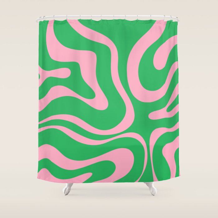 Pink and Spring Green Modern Liquid Swirl Abstract Pattern Shower Curtain Gallery Image 1