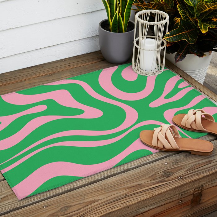 Pink and Spring Green Modern Liquid Swirl Abstract Pattern Outdoor Rug Gallery Image 2