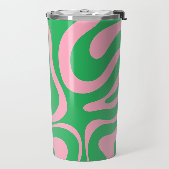 Pink and Spring Green Modern Liquid Swirl Abstract Pattern Travel Mug Gallery Image 2