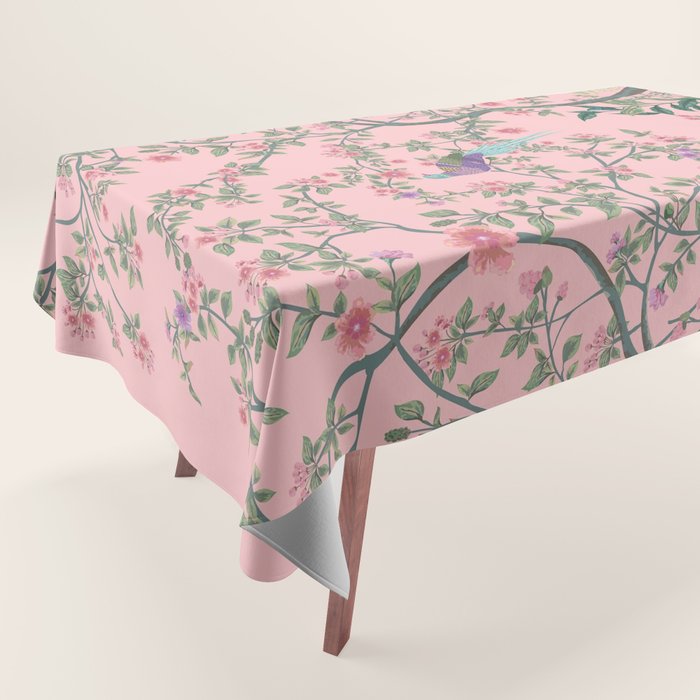 Chinoiserie Pink Fresco Floral Garden Birds Oriental Botanical Tablecloth Gallery Image 1
