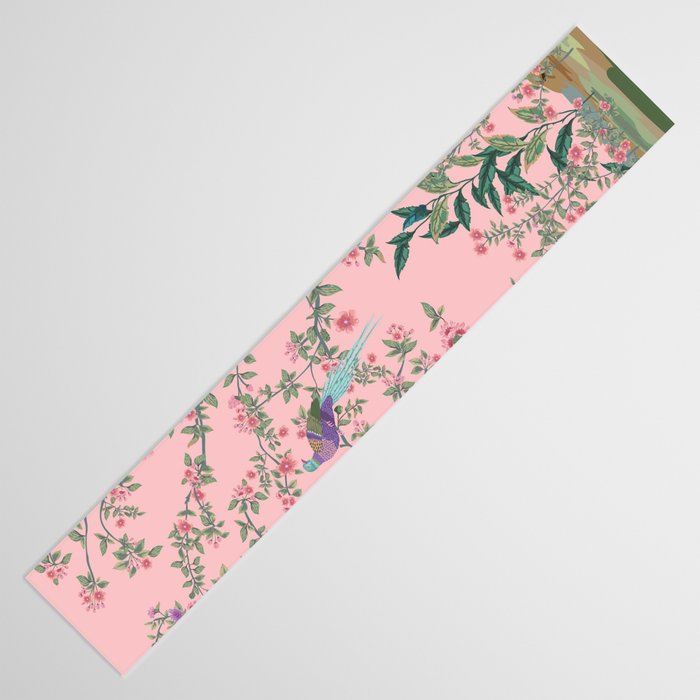 Chinoiserie Pink Fresco Floral Garden Birds Oriental Botanical Table Runner Gallery Image 3