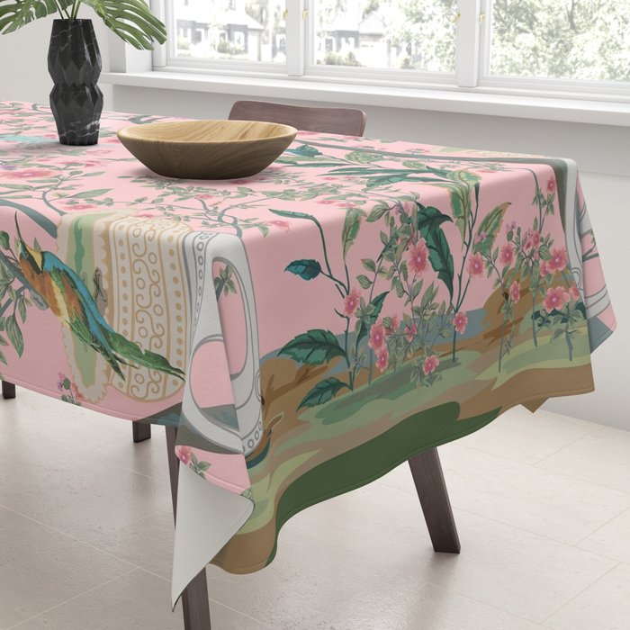 Chinoiserie Pink Fresco Floral Garden Birds Oriental Botanical Tablecloth Gallery Image 3