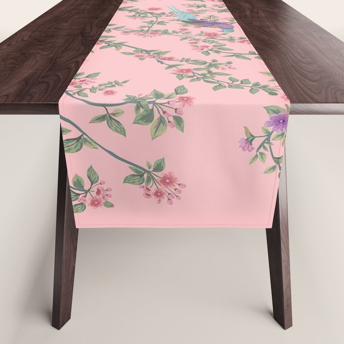 Chinoiserie Pink Fresco Floral Garden Birds Oriental Botanical Table Runner Gallery Image 1