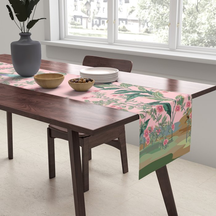 Chinoiserie Pink Fresco Floral Garden Birds Oriental Botanical Table Runner Gallery Image 2