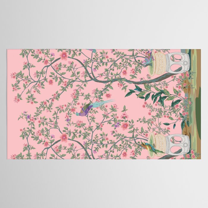 Chinoiserie Pink Fresco Floral Garden Birds Oriental Botanical Tablecloth Gallery Image 2