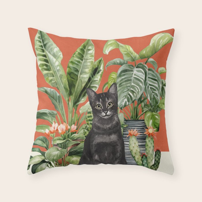 Black Cat And House Plants 3 Throw Pillow Gallery Image 6