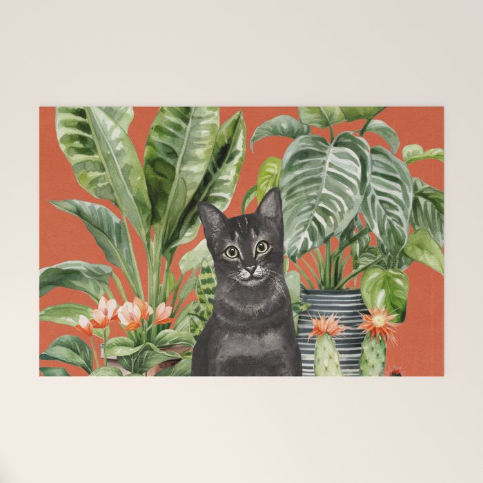 Black Cat And House Plants 3 Welcome Mat Gallery Image 1