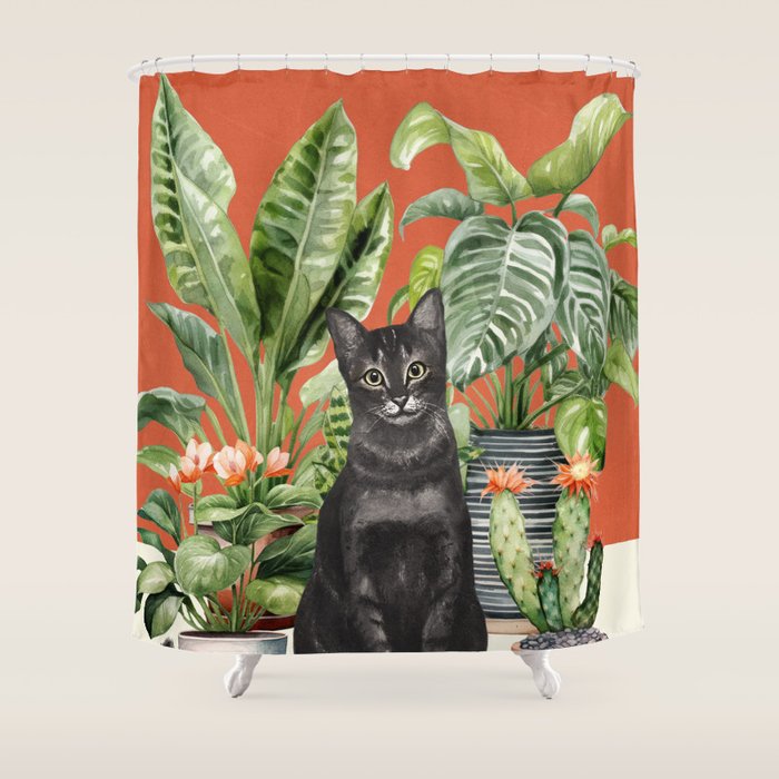 Black Cat And House Plants 3 Shower Curtain Gallery Image 1
