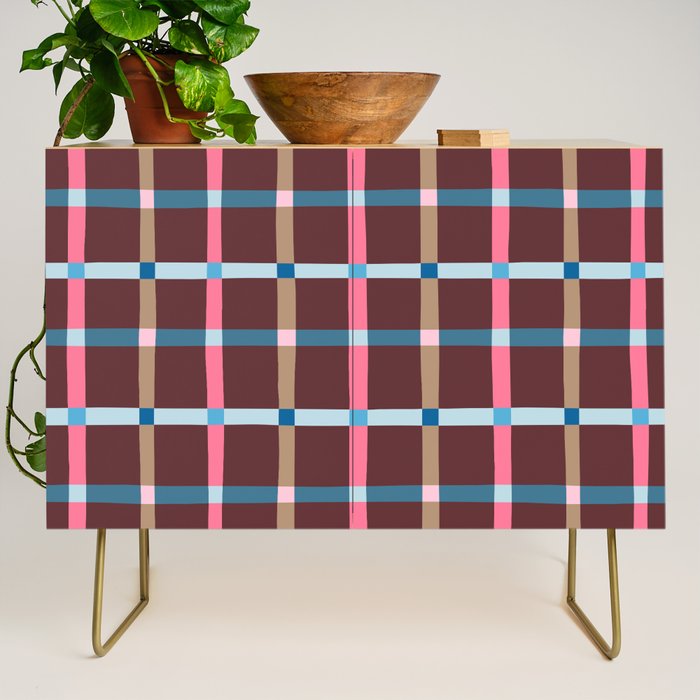 Windowpane Plaid Burgundy Credenza Gallery Image 1