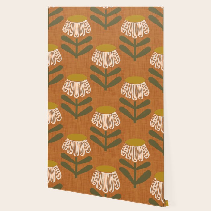 Retro Floral Burnt Orange - Mid Century Modern Daisy Wallpaper Gallery Image 2