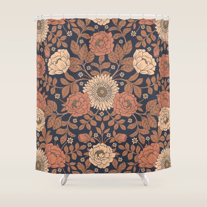 Peach, Dusty Rose, Mauve & Blue-Gray Floral Pattern Shower Curtain Gallery Image 1
