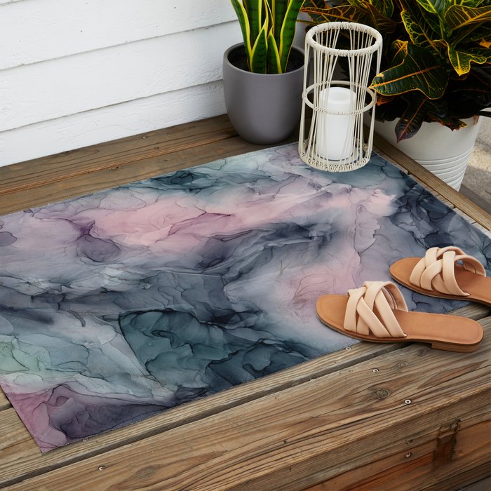 Blush Gray Blue Flowing Abstract Glow Up 1 Outdoor Rug Gallery Image 2