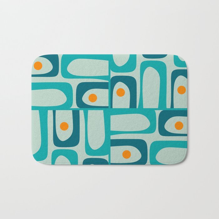 Mid Century Modern Piquet Multi Abstract Retro Pattern in Teal Aqua Orange Turquoise Blue Tones Bath Mat Gallery Image 1