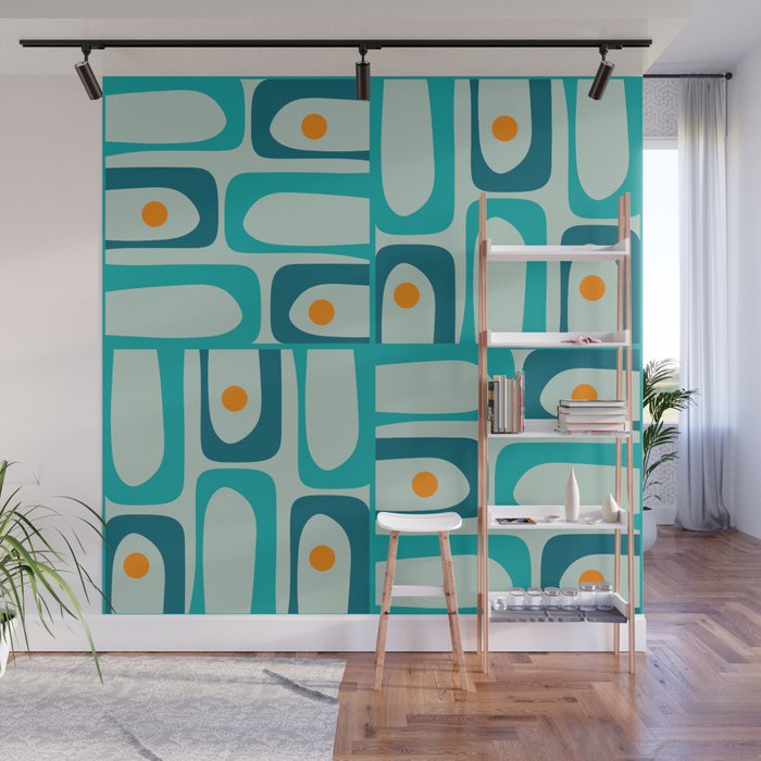 Mid Century Modern Piquet Multi Abstract Retro Pattern in Teal Aqua Orange Turquoise Blue Tones Wall Mural Gallery Image 1