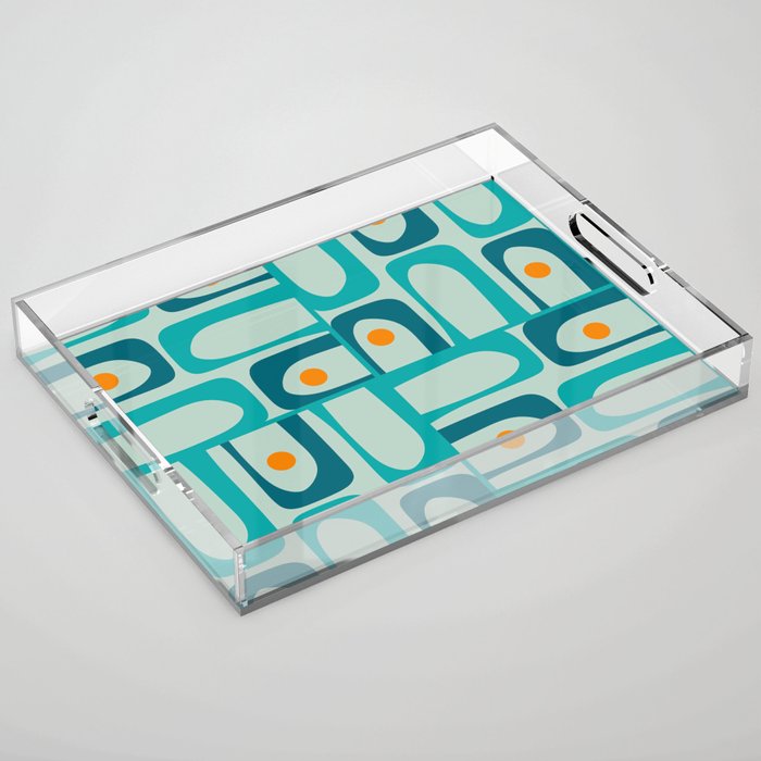 Mid Century Modern Piquet Multi Abstract Retro Pattern in Teal Aqua Orange Turquoise Blue Tones Acrylic Tray Gallery Image 1